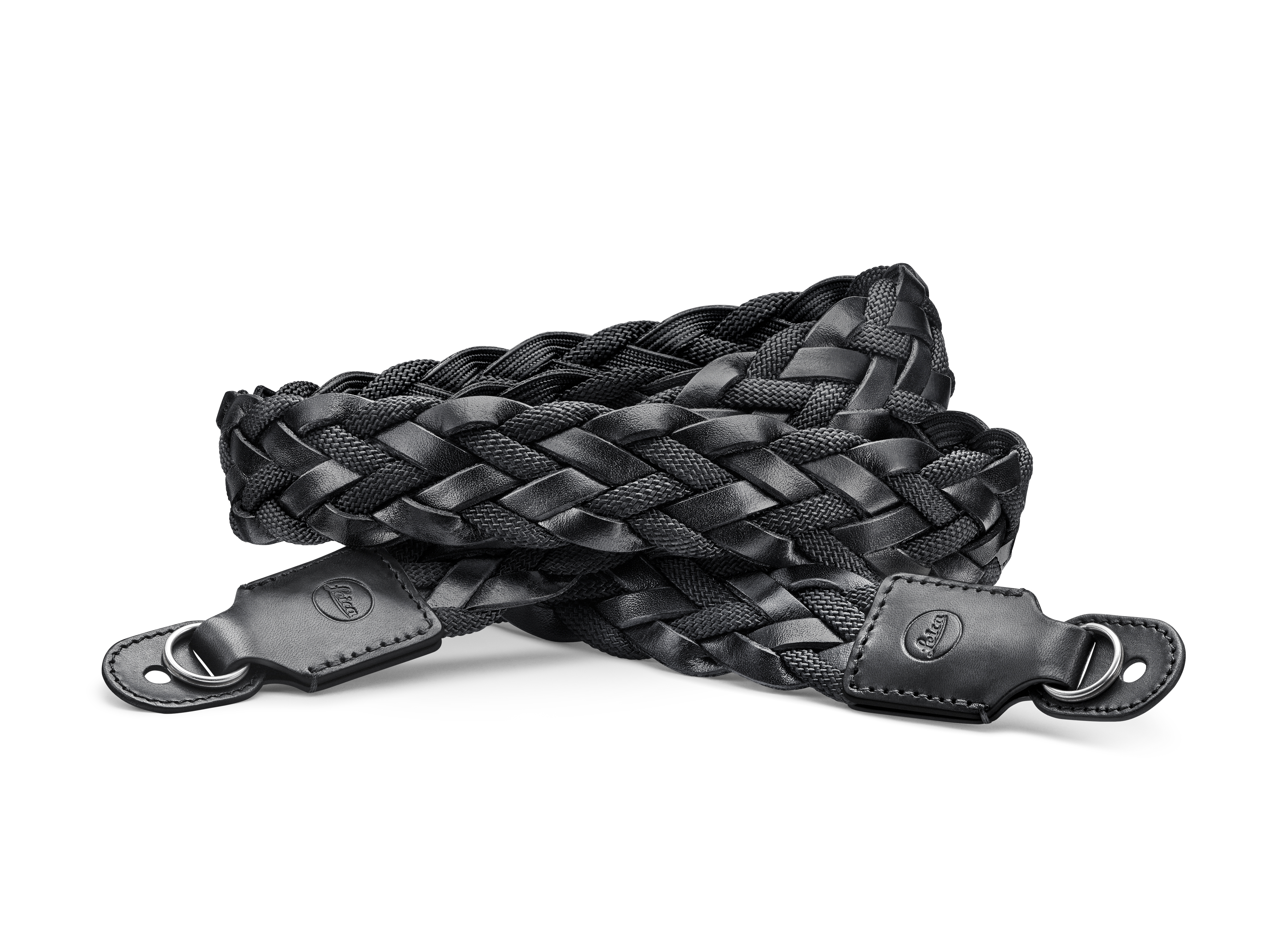 Carrying Strap, flat braided rayon & leather cord, black