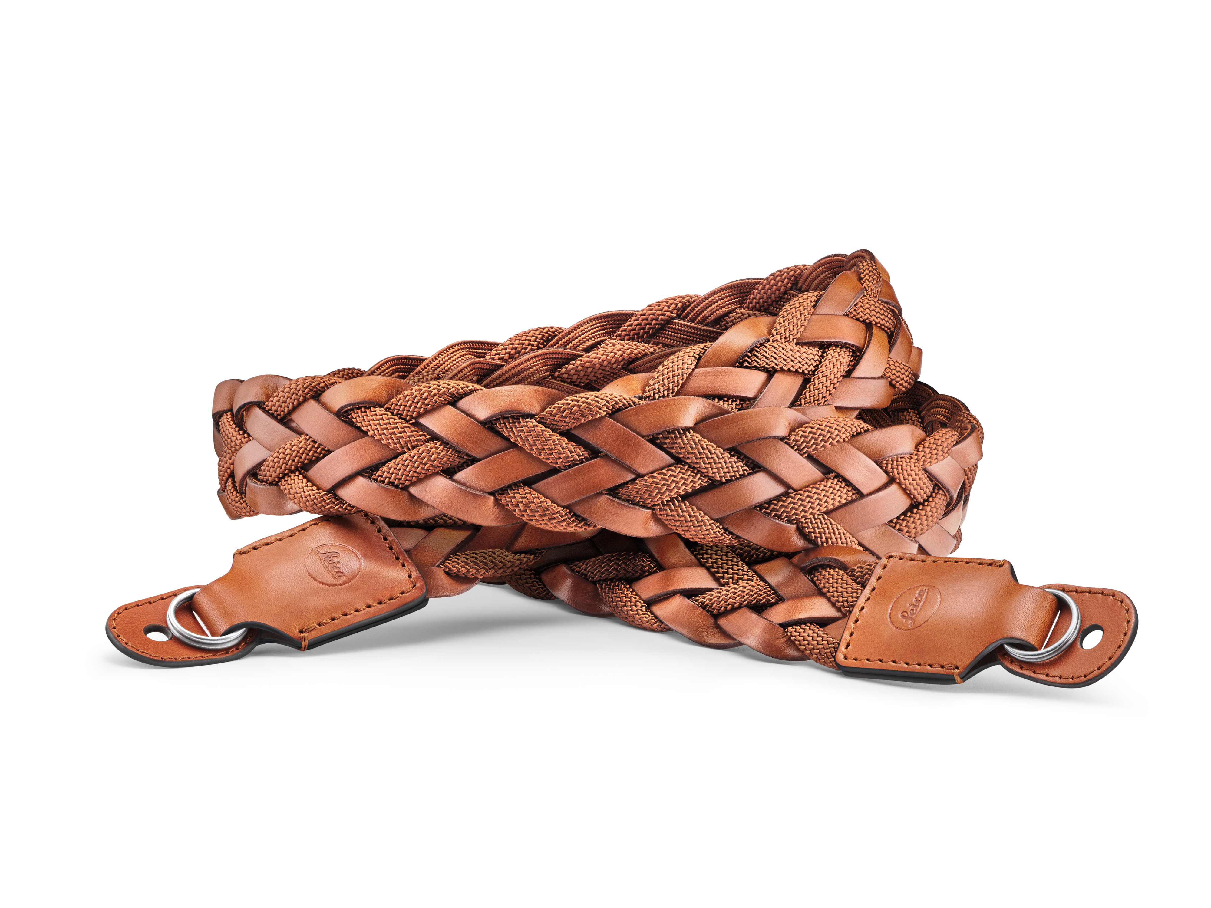Carrying Strap, flat braided rayon & leather cord, cognac