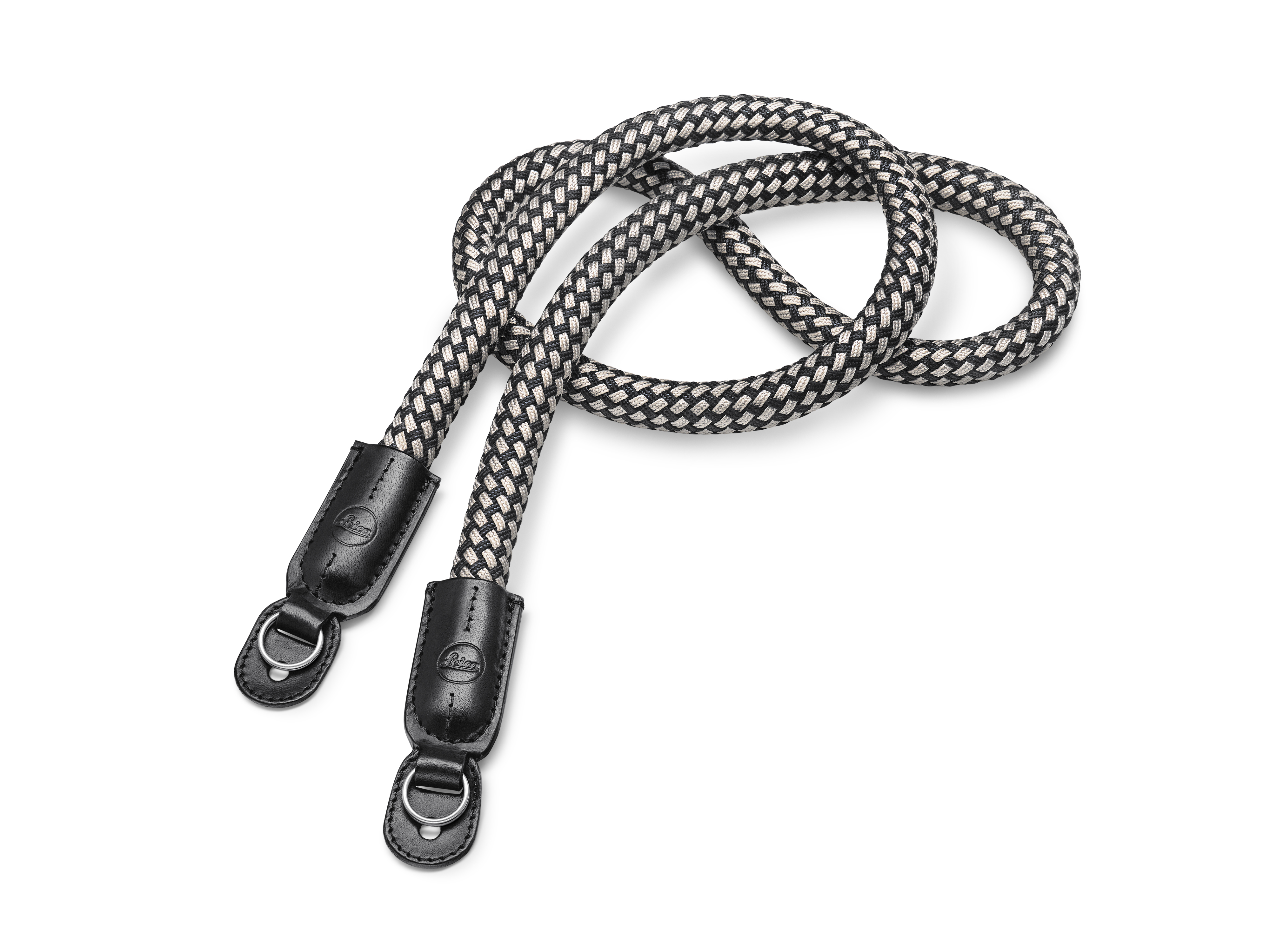 Carrying Strap, round braided rayon & leather cord, black, white