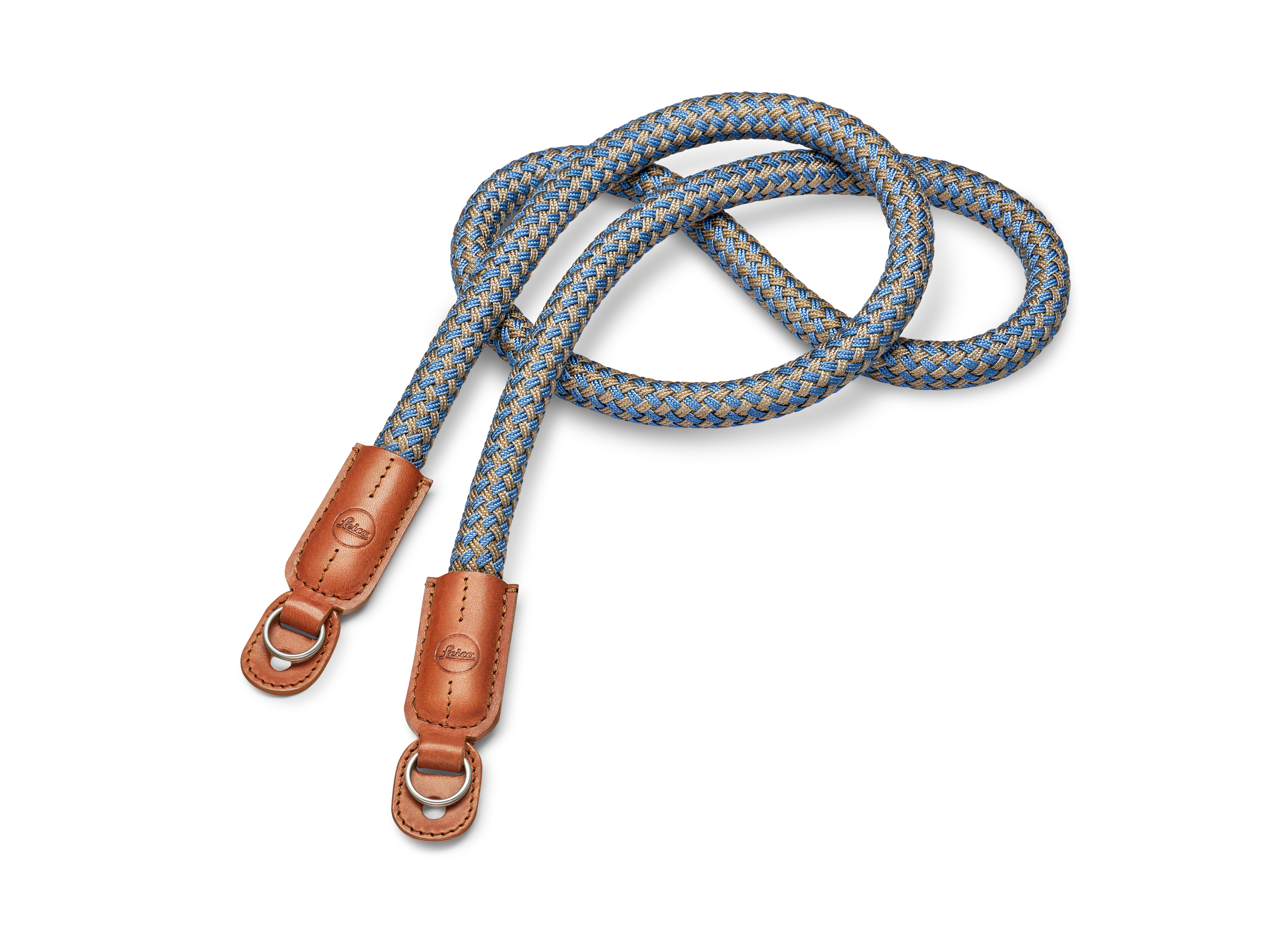 Carrying Strap, round braided rayon & leather cord, cognac, denim blue